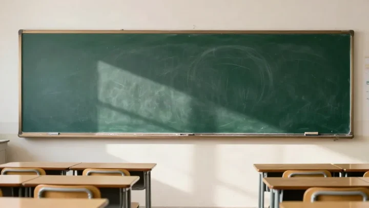 Un aula de primaria vacía con las sillas sobre las mesas y luz de tarde
