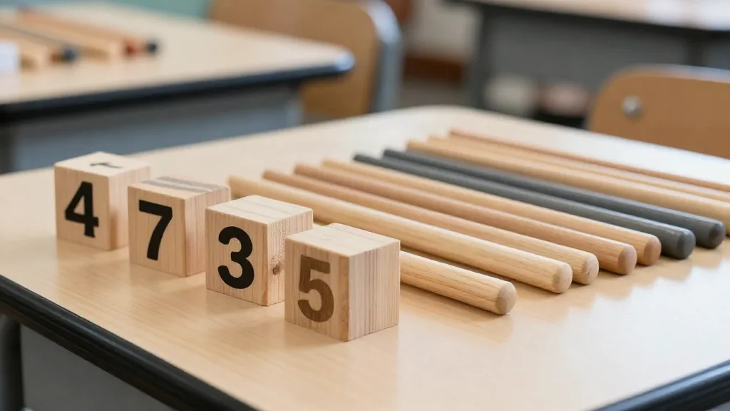 Regletas y números de madera sobre la mesa de clase