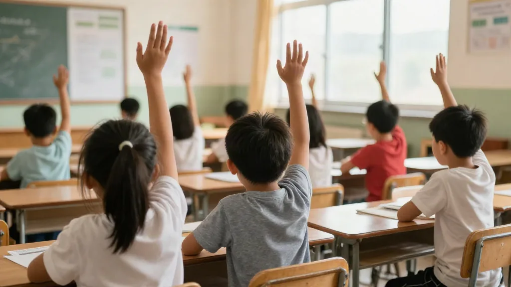 Aula de Primaria con niños levantando la mano